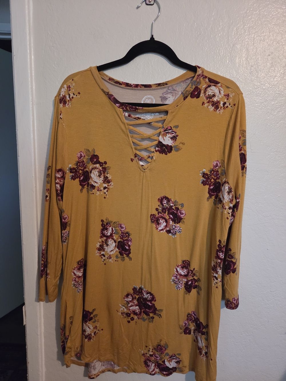 Women's Mustard Floral Lace-Up Long Sleeve Dress